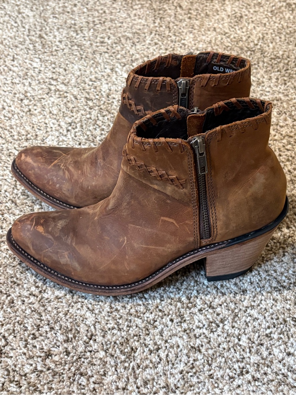 Old West Brown Leather Ankle Booties with Stitched Trim